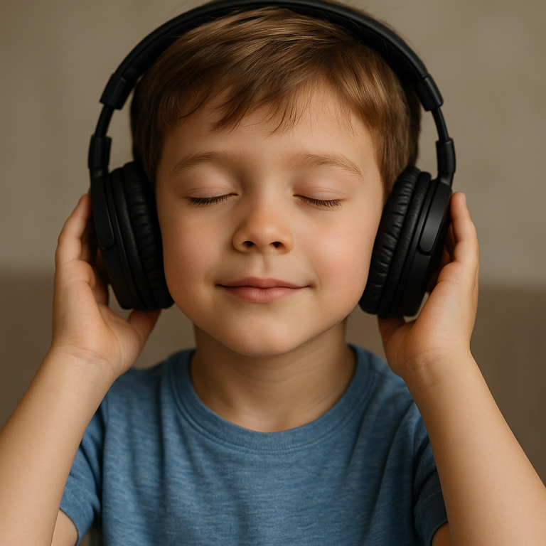 Inner Voice für Kinder Ein Junge mit geschlossenen Augen trägt Kopfhörer und genießt Musik.