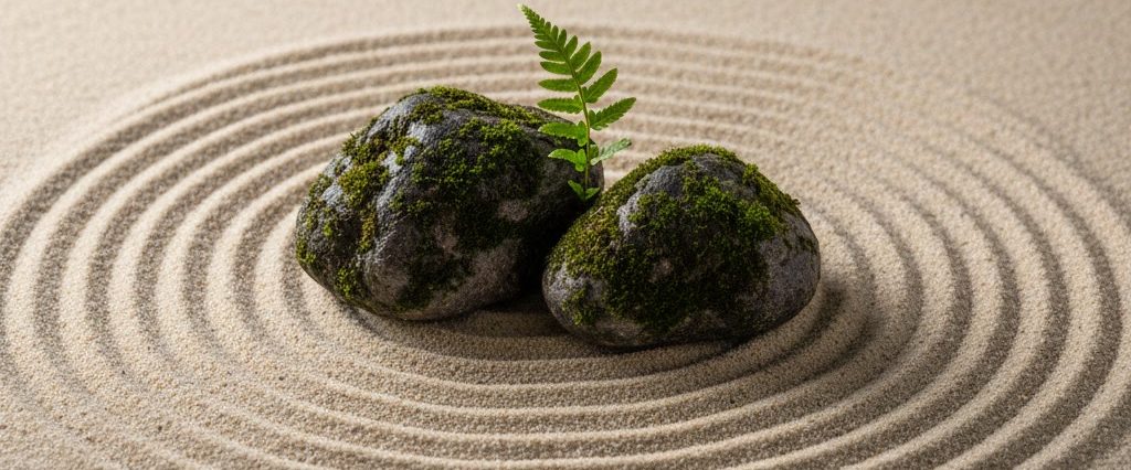 Wenn Dein System nach Ordnung ruft Zwei moosbedeckte Steine liegen auf einem gewellten Sandmuster.