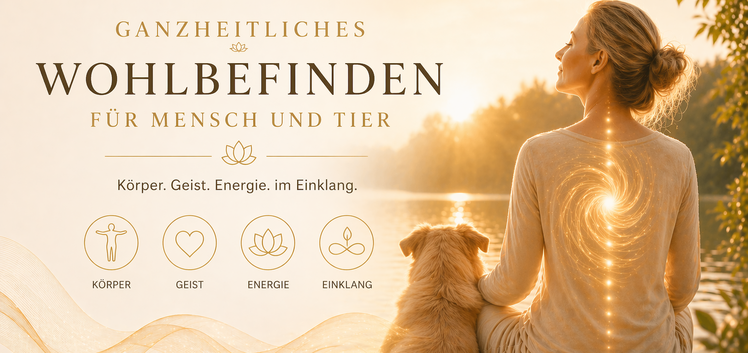 Ganzheitliches Wohlbefinden für Mensch und Tier Frau mit Hund am See, umgeben von Wellness-Symbolen für Mensch und Tier.