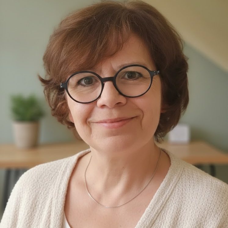 Ulrike Gomes Ascenso Porträt einer lächelnden Frau mit Brille, braunen Haaren und einem hellen Pullover. Pflanzen im Hintergrund.